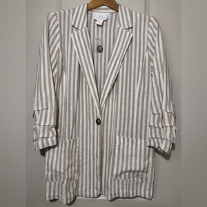 NWT Halston Striped Linen Blend Blazer Neutral Tan White Lightweight Size Large